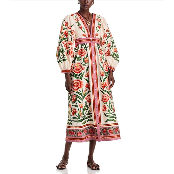 FARM Rio Dresses & Skirts - FARM Rio Floral Embroidered Midi Dress - Cream and Red